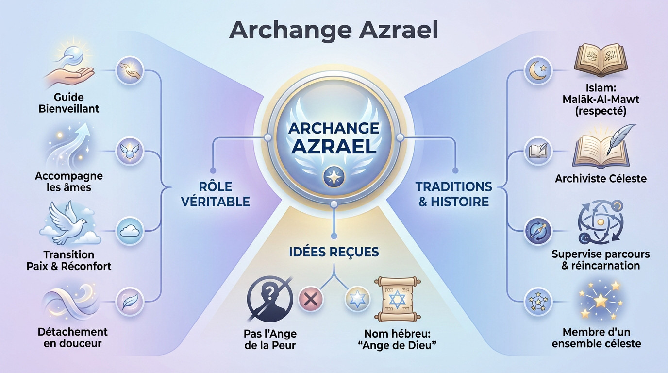 Représentation apaisante de l'Archange Azrael guidant une âme vers la lumière