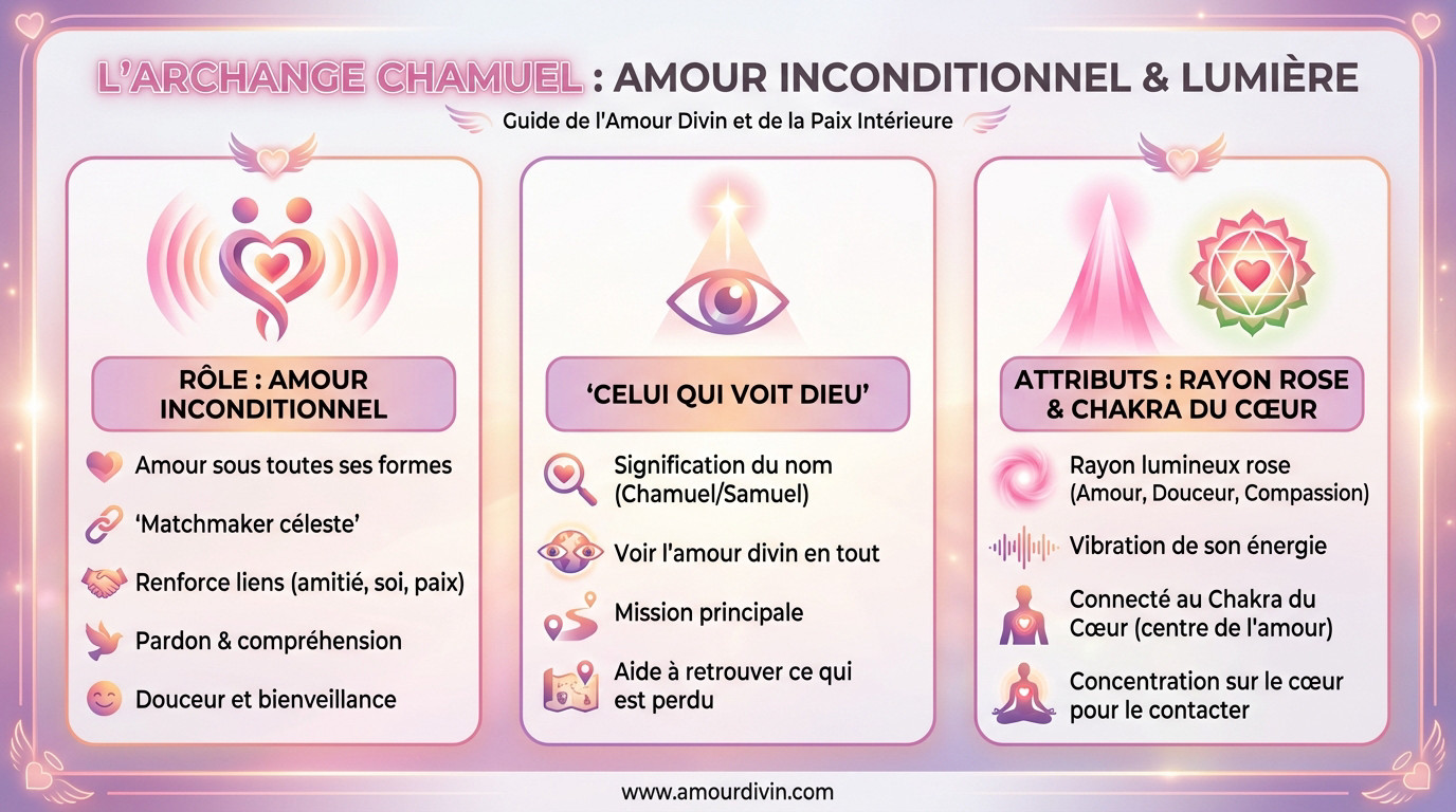 Illustration de l'Archange Chamuel rayonnant d'une lumière rose d'amour inconditionnel