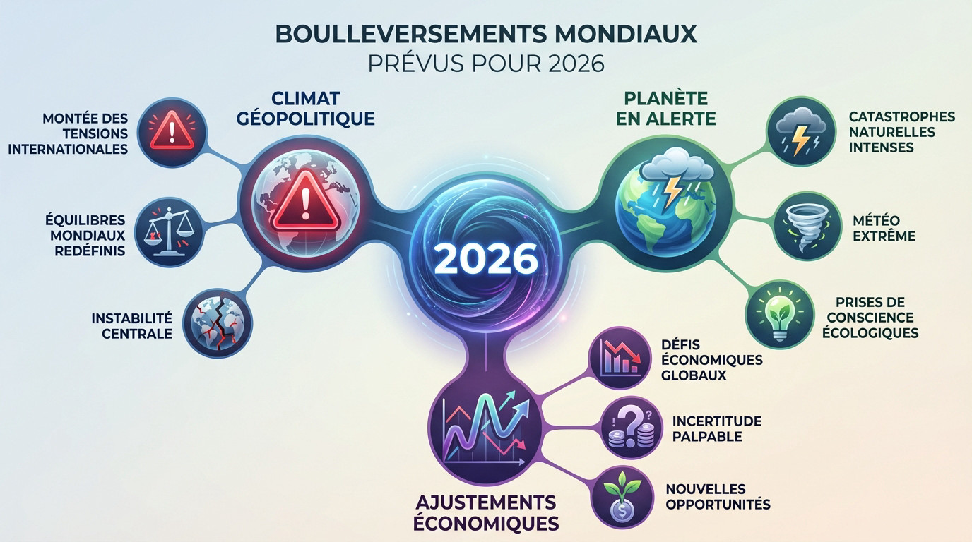 Illustration symbolique des bouleversements mondiaux et prédictions pour 2026