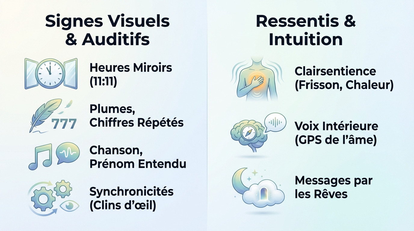 Illustration symbolique montrant une personne connectée à son intuition et aux signes des guides spirituels