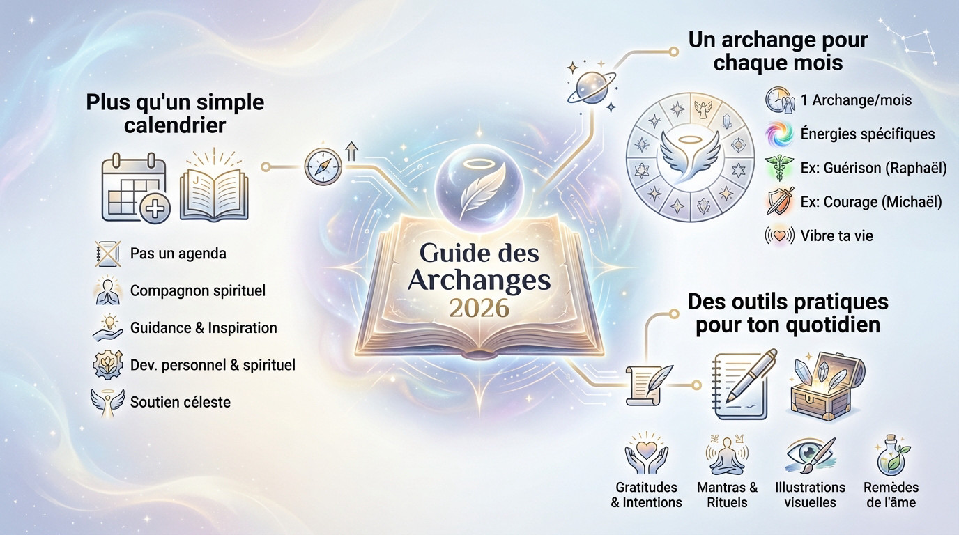 Couverture illustrée d'un <strong>guide des archanges 2026</strong> évoquant la spiritualité céleste »></p>
<h3>Plus qu&rsquo;un simple calendrier</h3>
<p>Quand on parle de guide des archanges 2026, on pense souvent à un agenda annuel classique. Pourtant, c&rsquo;est bien plus qu&rsquo;un simple outil pour noter ses rendez-vous médicaux ou professionnels.</p>
<p>Vois cet objet comme un <strong>véritable compagnon spirituel</strong> pour toute l&rsquo;année à venir. Il est conçu pour t&rsquo;accompagner, te guider et t&rsquo;inspirer au fil des mois qui passent.</p>
<p>L&rsquo;objectif est de <strong>vivre l&rsquo;année en connexion avec les énergies angéliques</strong>. C&rsquo;est un support pour ton développement personnel et spirituel, t&rsquo;offrant une guidance quotidienne et un soutien céleste, pas juste un produit de papeterie.</p>
<h3>Un archange pour chaque mois</h3>
<p>Le concept central est simple : <strong>chaque mois de l&rsquo;année 2026 est placé sous la protection d&rsquo;un archange spécifique</strong>. C&rsquo;est le cœur battant de ce type de guide ésotérique.</p>
<p>Chaque <strong>chaque archange apporte son énergie et sa thématique particulière pour nous aider à avancer</strong>. Par exemple, un mois pour la guérison avec Raphaël, un autre pour le courage avec Michaël.</p>
<p>Cela permet de travailler sur différents aspects de sa vie tout au long de l&rsquo;année. Le guide t&rsquo;aide à te concentrer sur une <strong>vibration énergétique différente chaque mois</strong>, c&rsquo;est les énergies qu&rsquo;on va retrouvés.</p>
<h3>Des outils pratiques pour ton quotidien</h3>
<p>On trouve des éléments concrets dans ces guides pour ne pas se perdre en chemin. Je parle des <strong>espaces pour écrire ses gratitudes, ses intentions ou ses réflexions personnelles</strong> du moment.</p>
<p>Je note aussi la présence de mantras, de petits rituels mensuels ou de méditations guidées. Ce sont des <strong>aides concrètes pour la pratique spirituelle</strong>, bien loin de la théorie.</p>
<p>Beaucoup de ces guides sont enrichis par des illustrations inspirantes, souvent peintes par les auteurs eux-mêmes. L&rsquo;aspect visuel est important pour la connexion, offrant des <strong>gourmandises célestes et des remèdes de l&rsquo;âme</strong>.</p>
<h2 id=