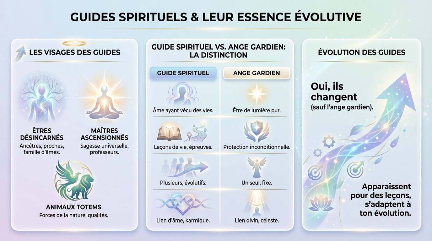 Représentation artistique de guides spirituels et d'anges gardiens accompagnant une âme humaine