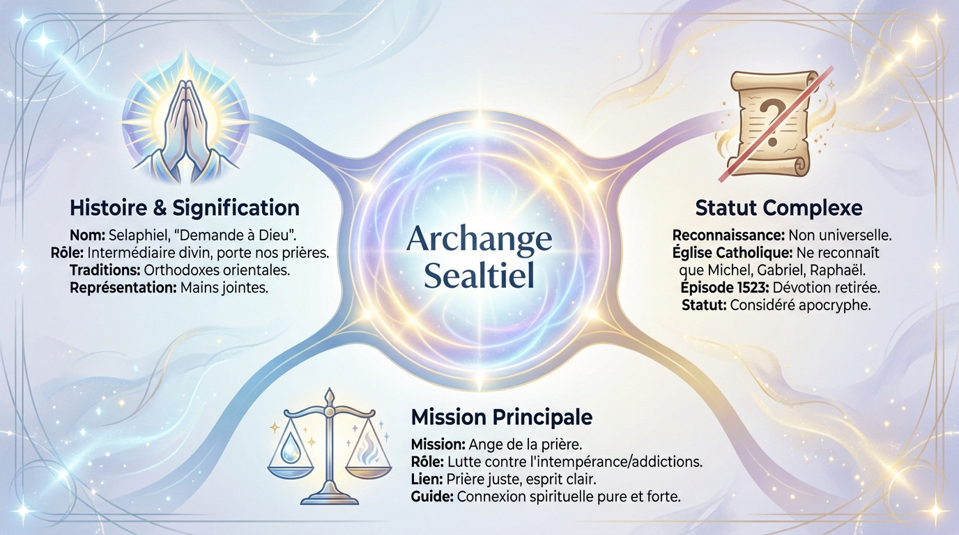 Infographie sur l'archange Sealtiel expliquant son histoire et sa mission de prière