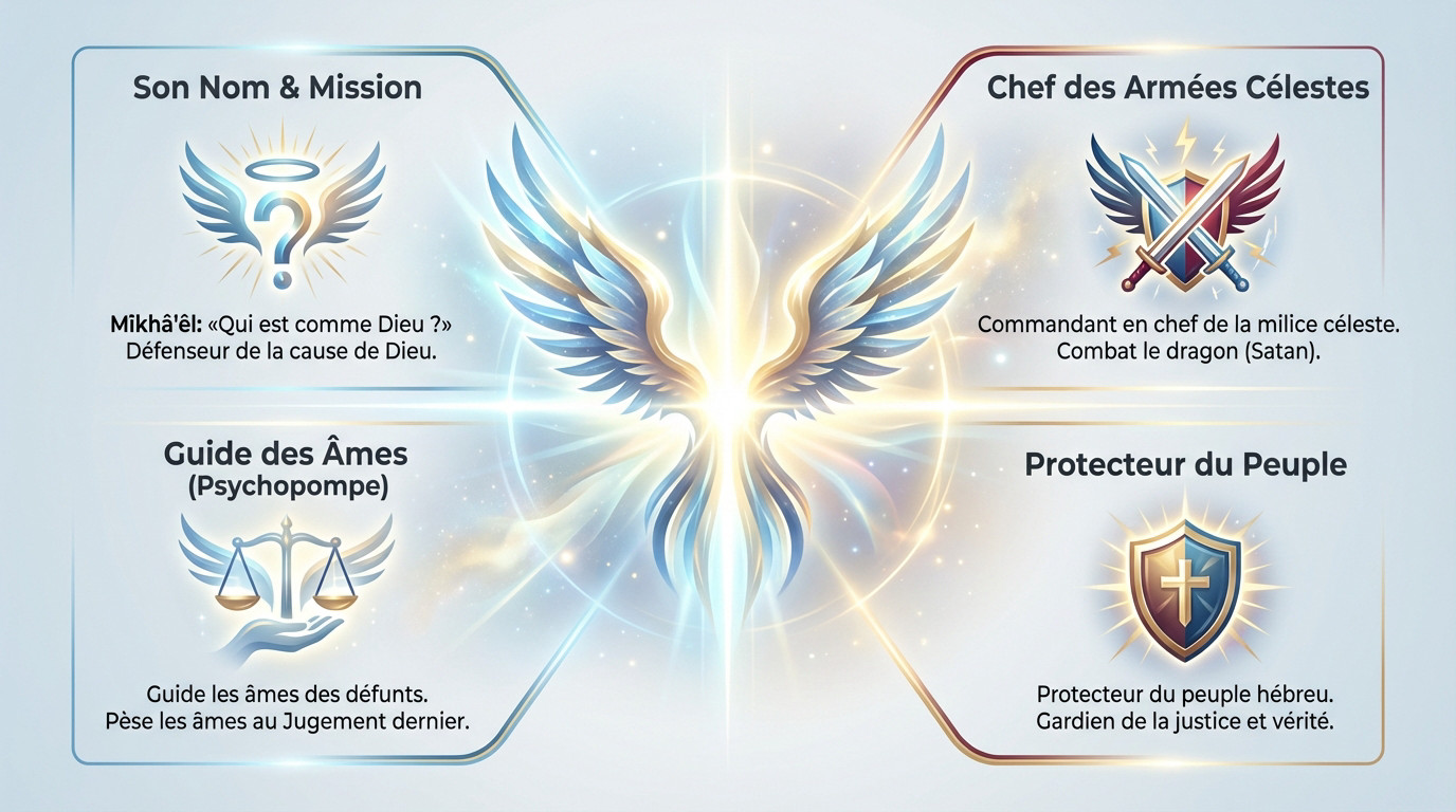 Infographie détaillant l'identité et les rôles clés de l'Archange Michel : chef des armées, psychopompe et protecteur
