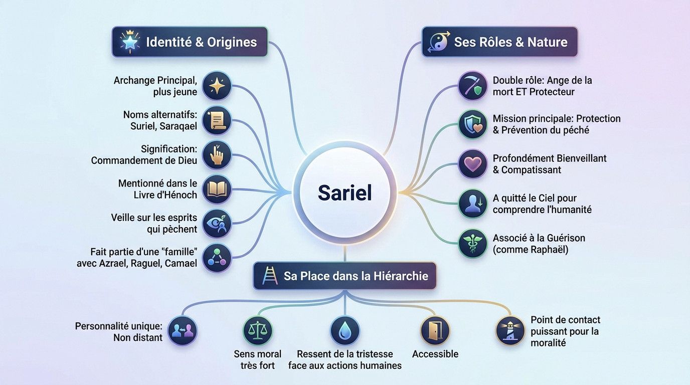 Infographie présentant les attributs, le rôle et les signes de l'archange Sariel