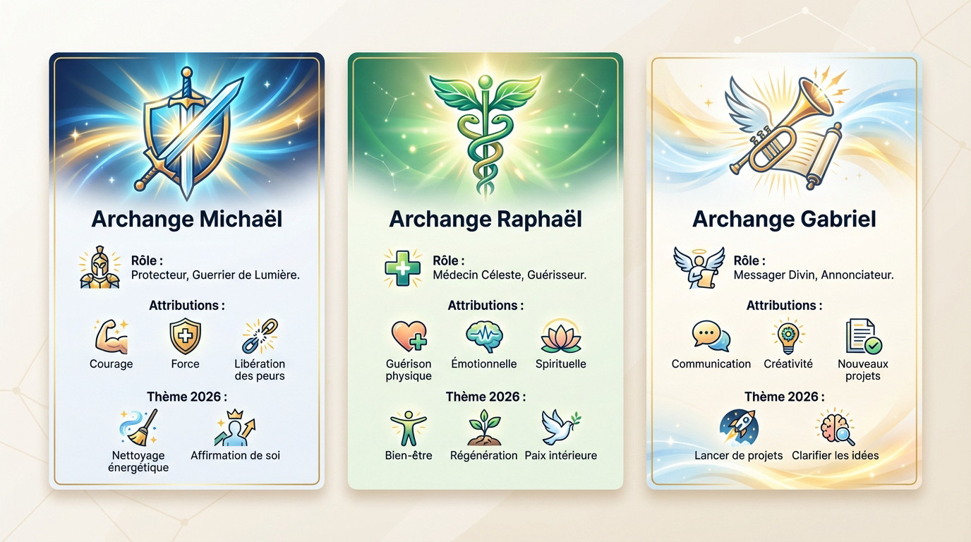 Infographie détaillant les rôles et les thèmes des archanges pour l'année 2026
