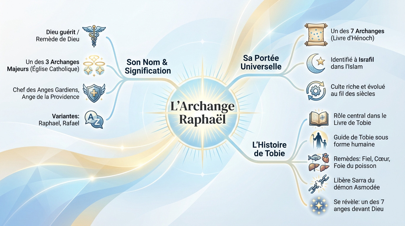 Infographie détaillant les attributs et l'histoire de l'Archange Raphaël