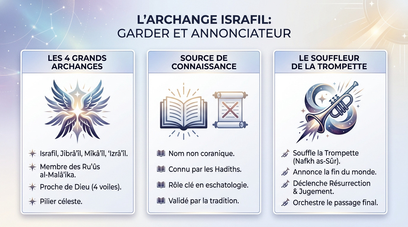 Représentation artistique de l'archange Israfil avec la trompette du Jugement dernier