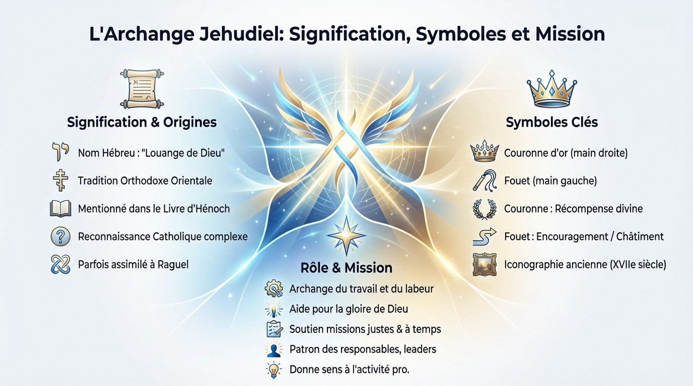 Représentation symbolique de l'Archange Jéhudiel avec ses attributs
