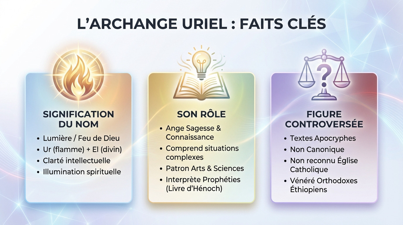 Infographie présentant les faits clés sur l'Archange Uriel : signification, rôle et symboles