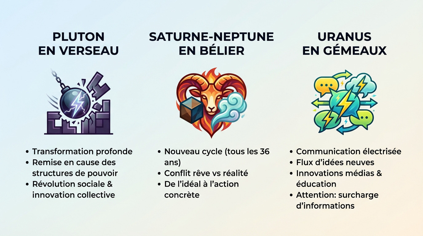 Schéma des mouvements planétaires majeurs de 2026 : Pluton, Saturne, Neptune et Uranus