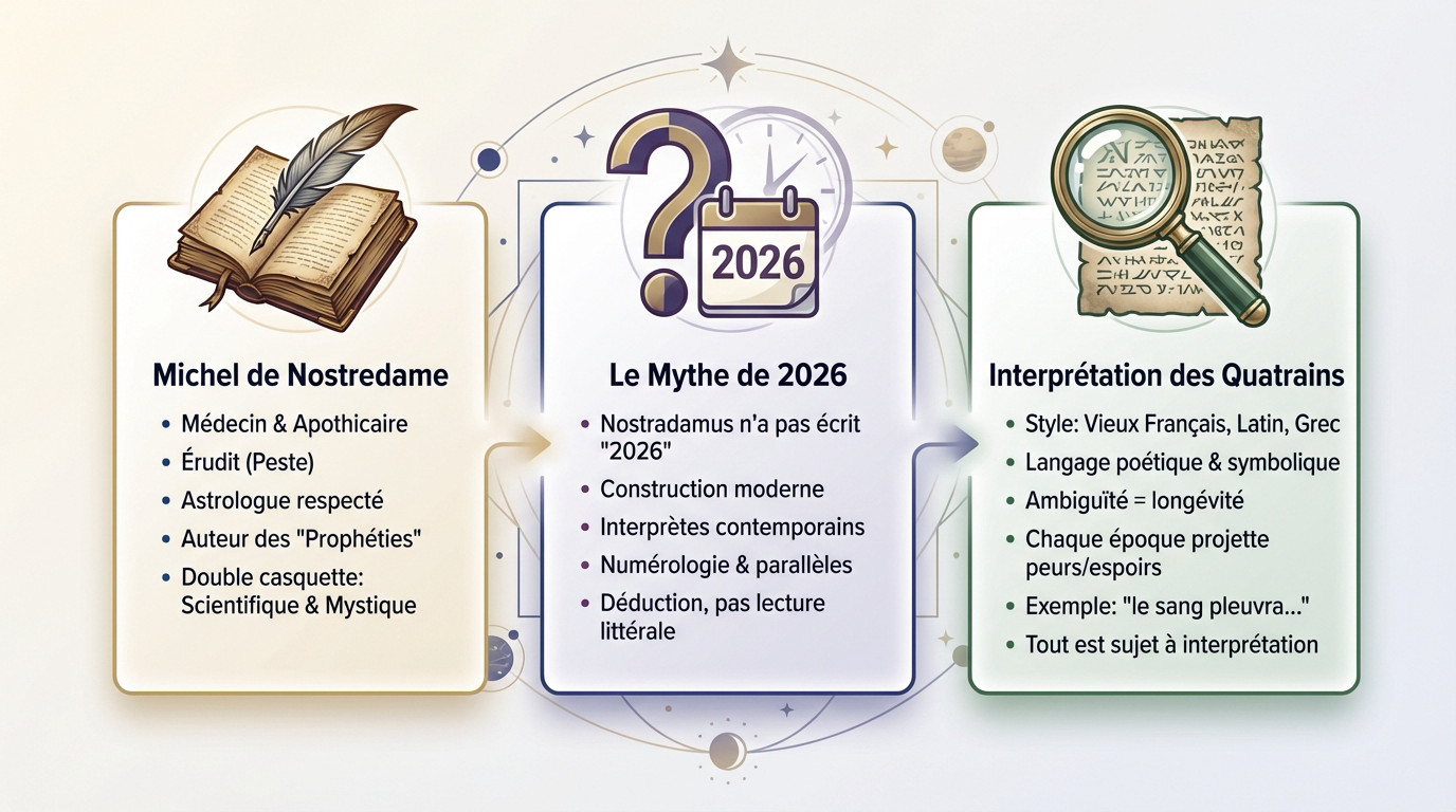Illustration stylisée de Nostradamus étudiant des parchemins anciens pour l'année 2026