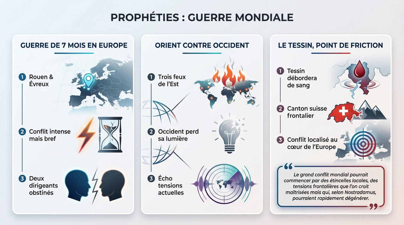 Illustration des prophéties de Nostradamus évoquant un conflit mondial et des tensions géopolitiques pour 2026