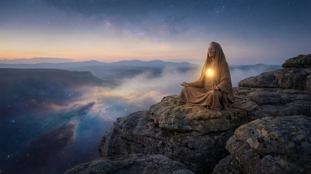 Anonymous figure meditating on a rocky cliff under a starry, ethereal sky. A golden light emanates from their chest.