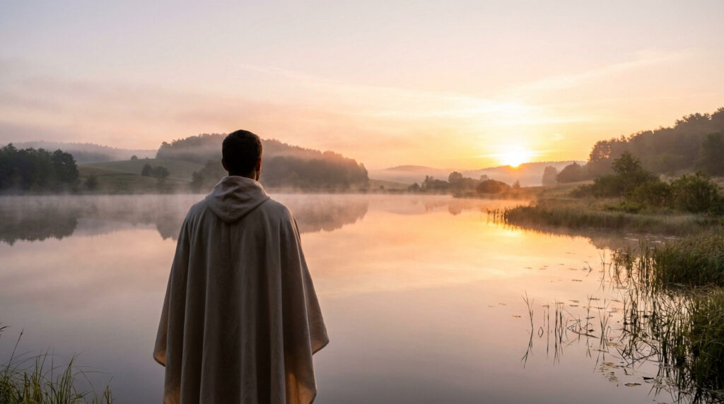 An individual in a light garment stands by a misty lake, watching a golden sunrise reflect on the calm water and distant hills.