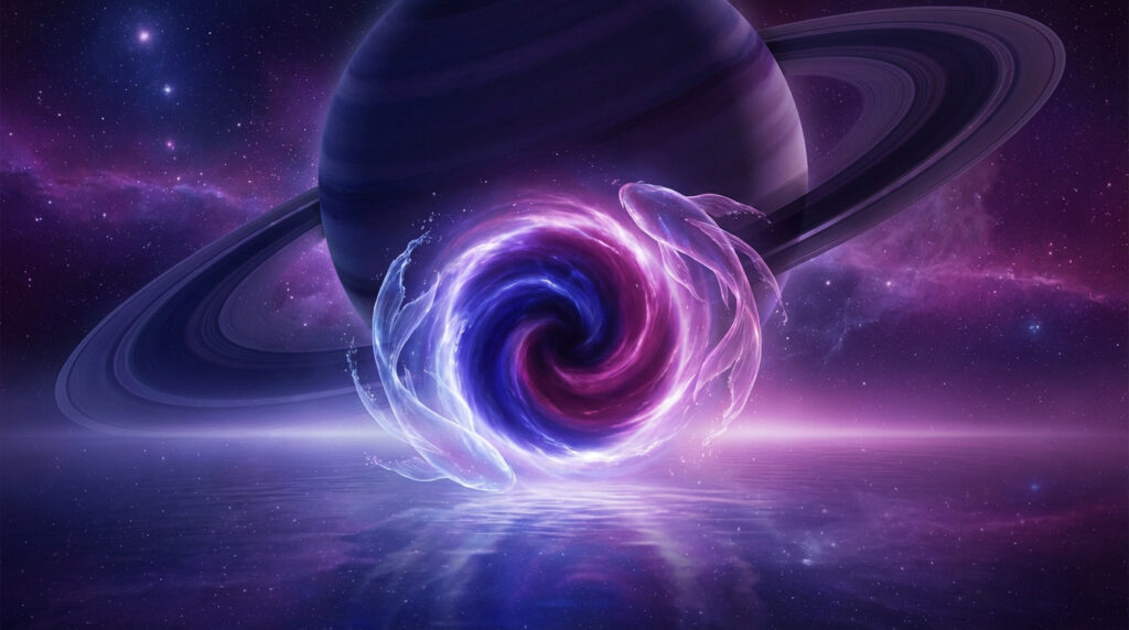 A cosmic scene with a glowing indigo and magenta portal at the center, surrounded by two ethereal fish-like shapes. A ringed planet is in the background, all reflected on a water surface.