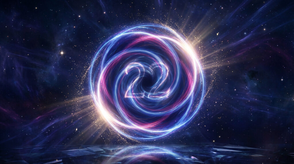 Vibrant, swirling blue and magenta cosmic portal with glowing number '22' at its core, radiating energy in a starry space.