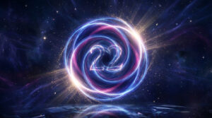 Vibrant, swirling blue and magenta cosmic portal with glowing number '22' at its core, radiating energy in a starry space.