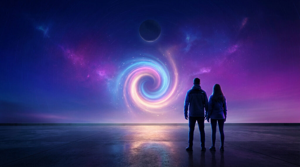 Two figures watch a luminous, swirling cosmic portal in a vibrant blue/magenta night sky with a subtle moon, symbolizing hope and transformation.