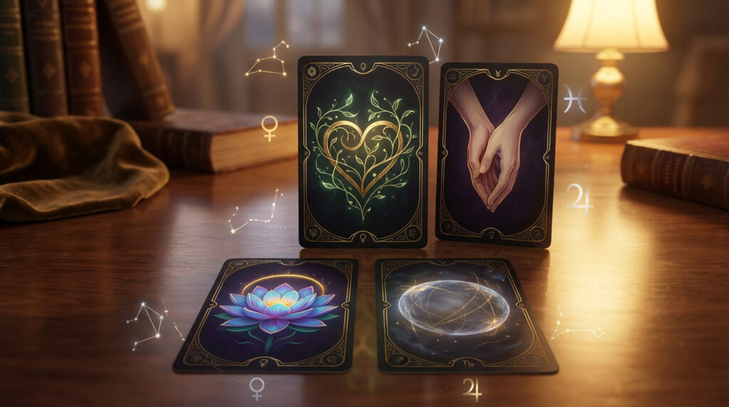 Four ornate oracle cards on a reflective wooden table, depicting love, relationships, growth, and protection, surrounded by glowing astrological symbols.