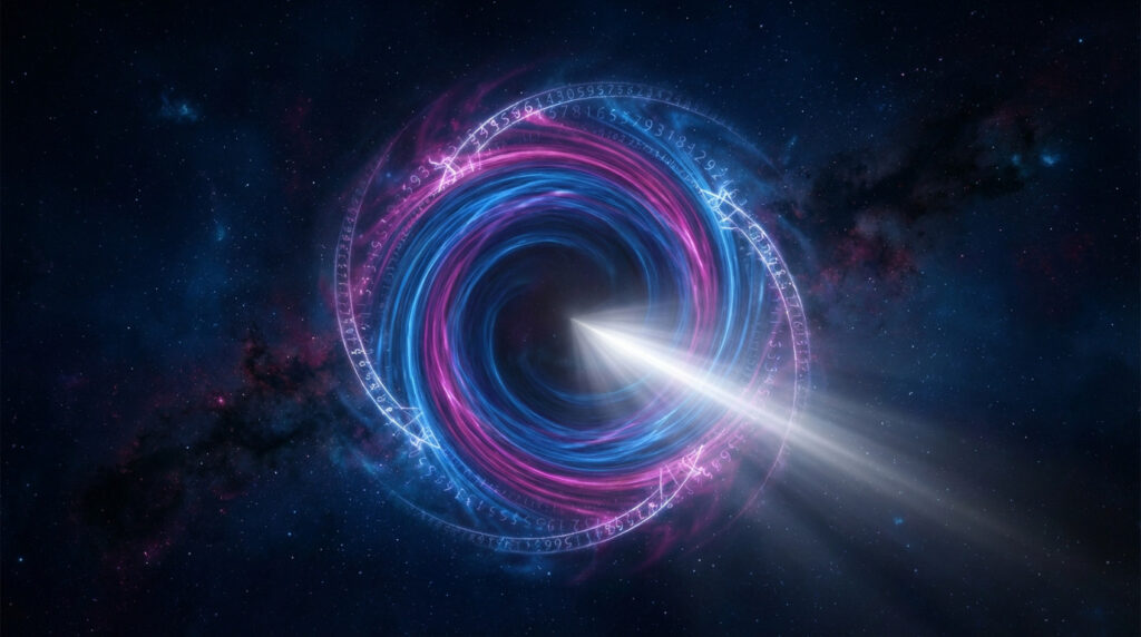 A cosmic portal with swirling blue and magenta light, a white beam, and abstract calendar symbols on a starry background.