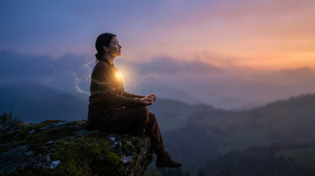 Woman meditating on a cliff at dawn, with a glowing chest and shimmering particles, overlooking a landscape transitioning from blue to gold.