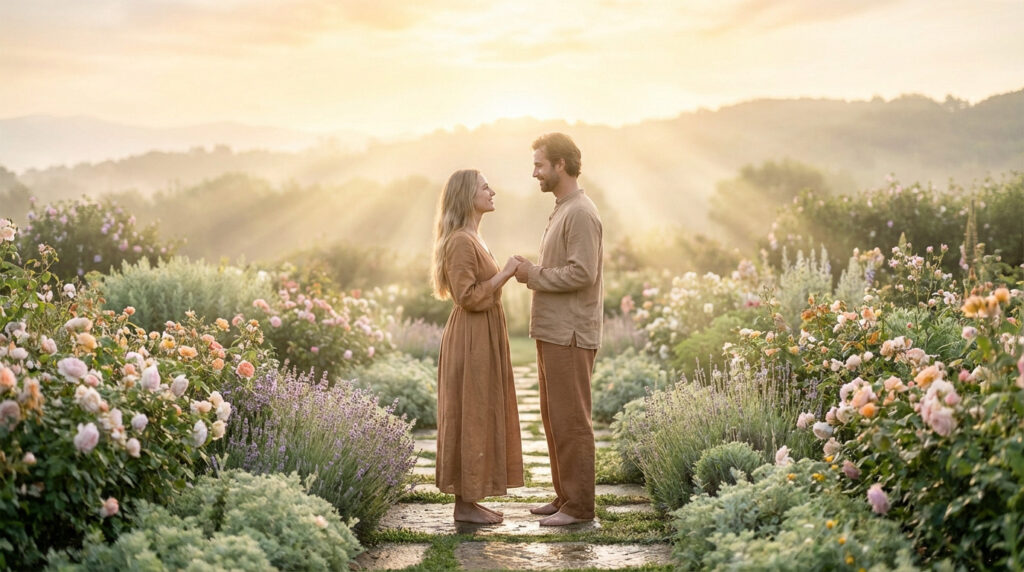 Couple holding hands in a serene, sun-drenched garden at dawn, bathed in golden light, symbolizing love, union, and new beginnings.