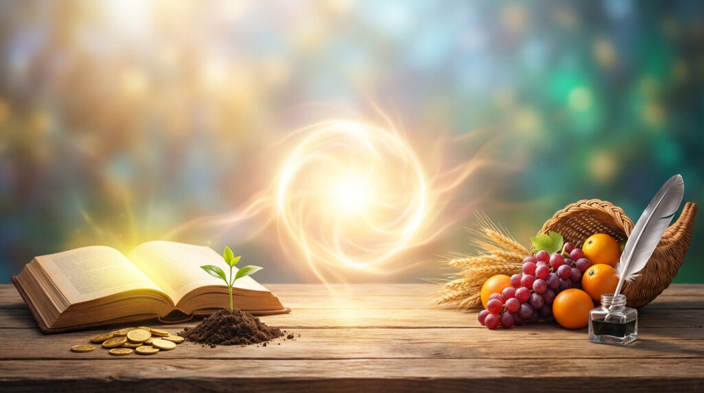 A glowing orb illuminates an open book, coins, a plant, a cornucopia of fruit, and a quill and inkwell on a wooden table.