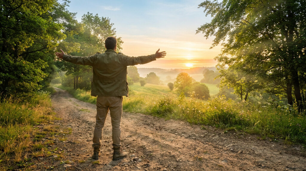 Person with outstretched arms faces a golden sunrise over a misty, lush landscape on a winding dirt path, symbolizing hope and vitality.