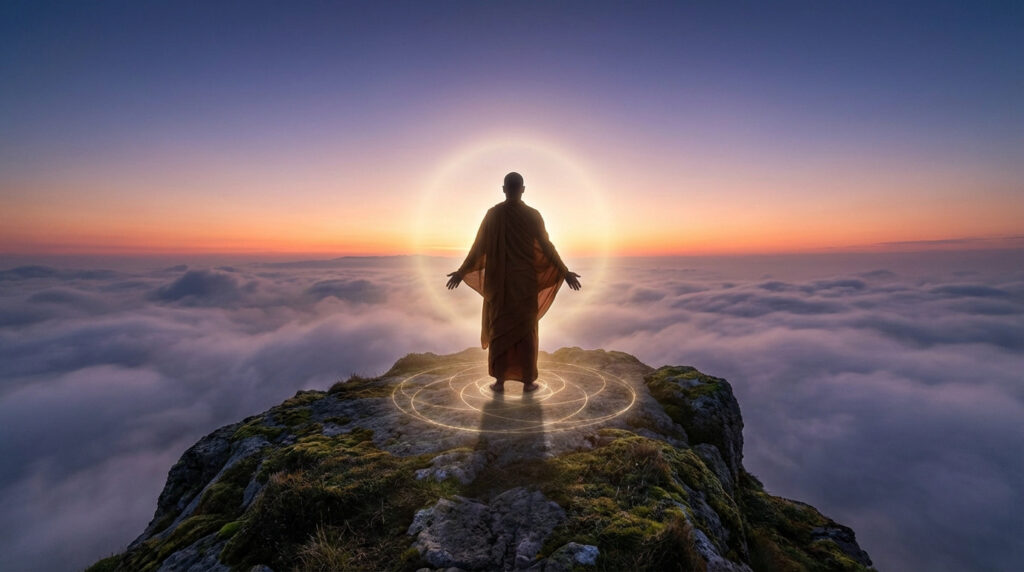A serene, robed figure stands on a mountain peak above a cloudscape at dawn, illuminated by a golden aura and glowing patterns.