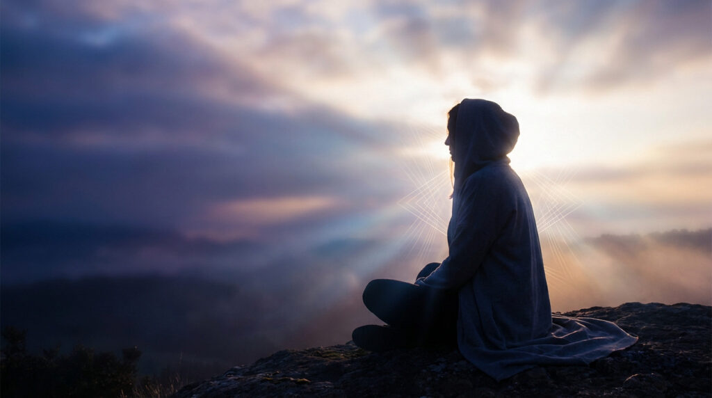Silhouette of a hooded person in serene thought, sitting on a cliff against a radiant sky with golden light and geometric patterns.