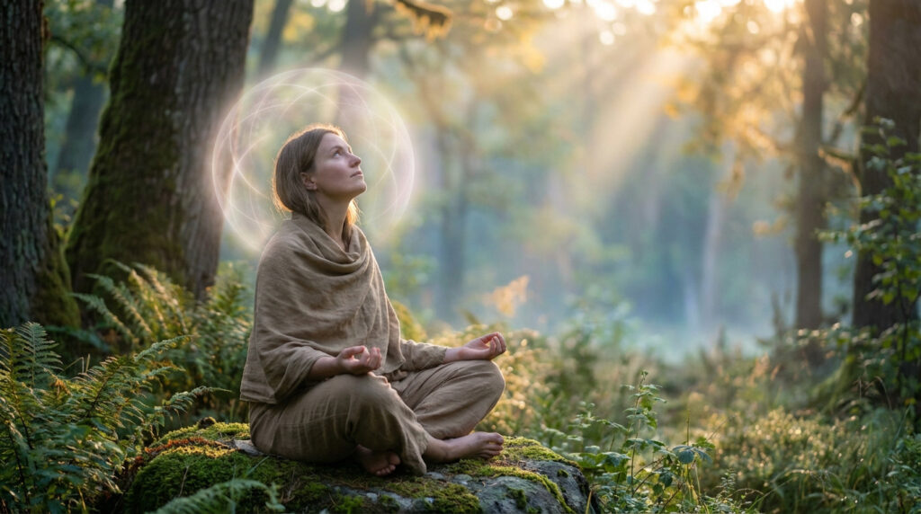 Woman meditating in a sunlit forest with a glowing halo, symbolizing spiritual guidance and inner peace amidst nature.