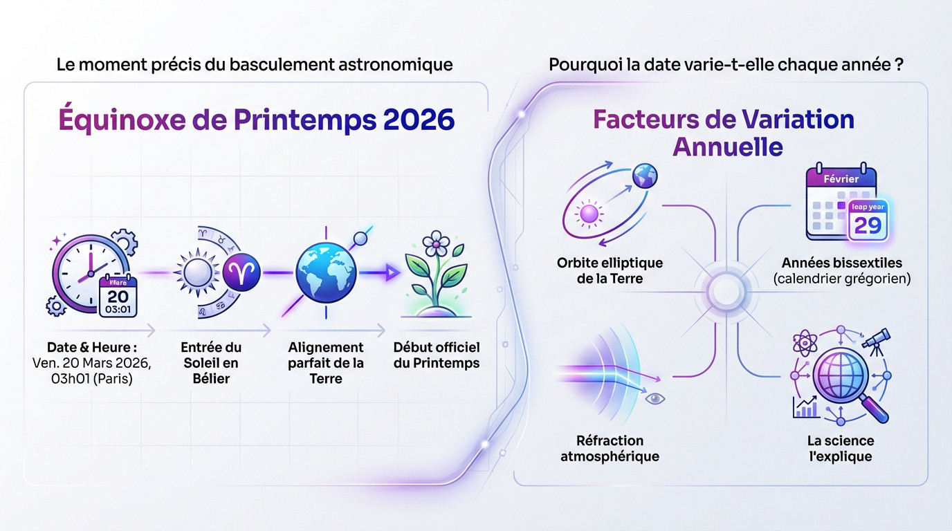 Schéma explicatif des variations de date de l'équinoxe de printemps 2026 et orbite terrestre