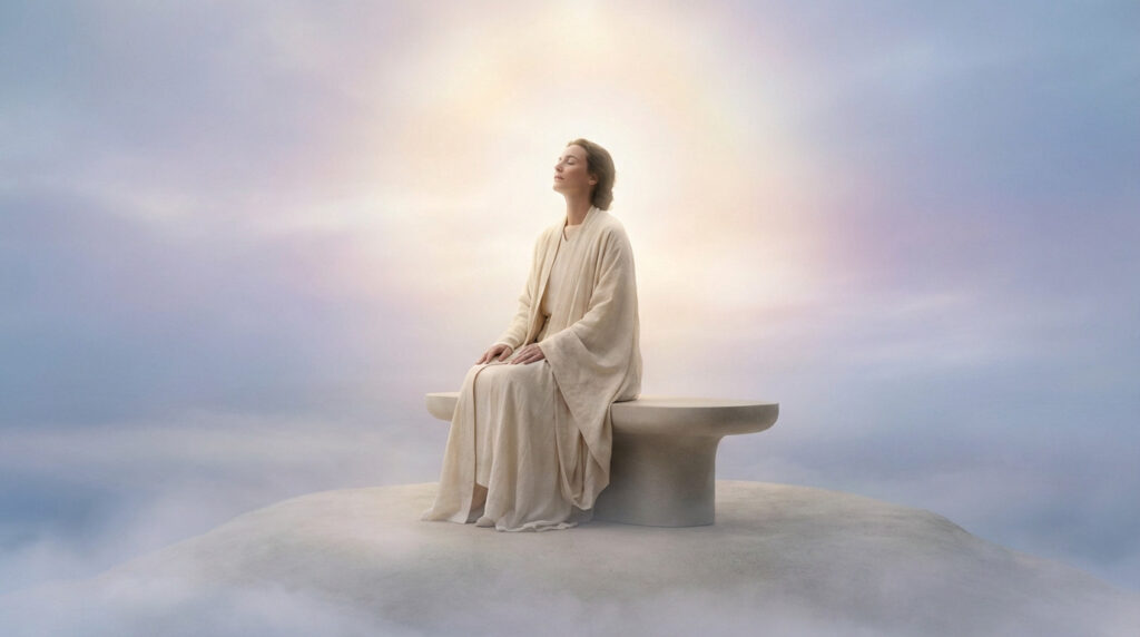 A woman in flowing cream robes sits peacefully on a bench, bathed in radiant golden light amidst ethereal clouds, eyes closed.