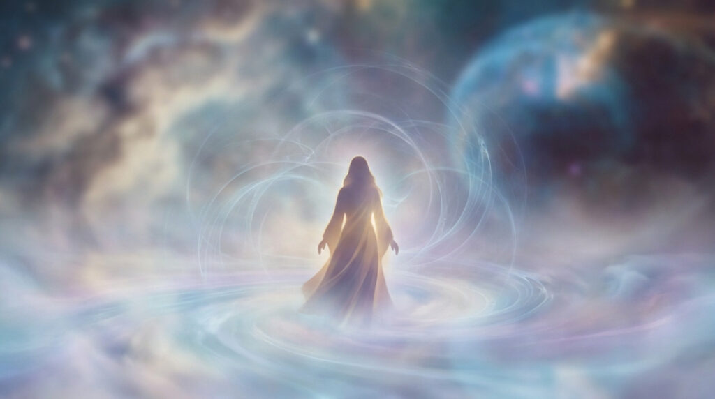 Ethereal figure radiating golden light and subtle violet, surrounded by gentle blue energy in a soft, cosmic, misty background.