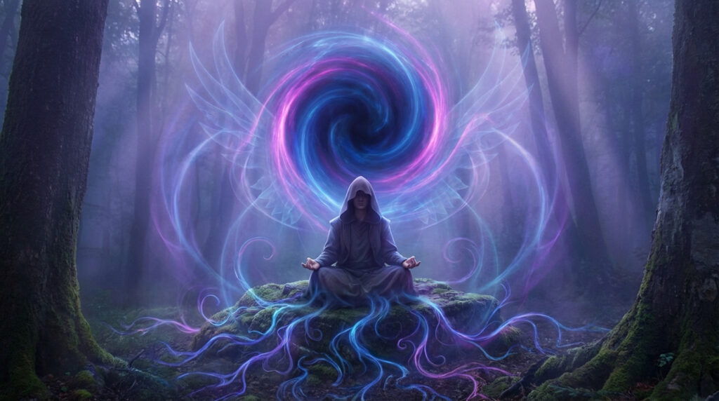 Hooded figure meditating in a forest, enveloped by a vibrant magenta and deep blue ethereal light portal and glowing roots.