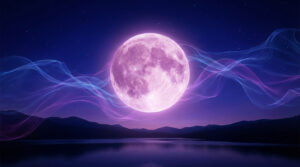 Large, glowing magenta full moon in a deep blue-purple night sky with stars, above mountains and a reflective lake. Blue-purple energy flows.