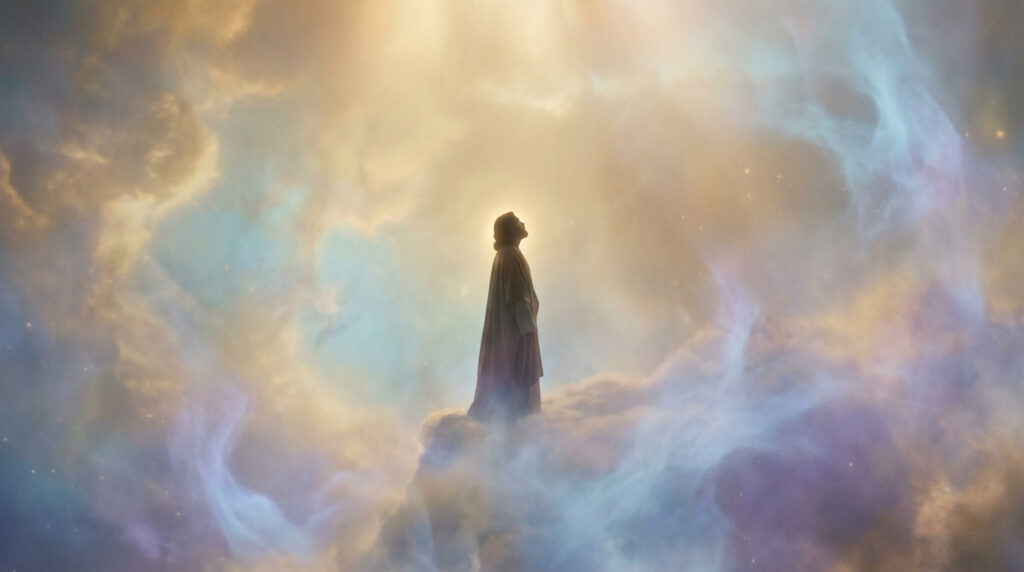 A serene figure stands on clouds, looking up into a golden, ethereal light. Subtle blue and purple clouds surround, symbolizing spiritual elevation.