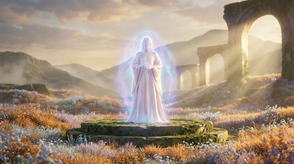 Luminous, gender-neutral figure with ethereal aura on mossy platform in serene landscape with misty mountains and ancient arches.
