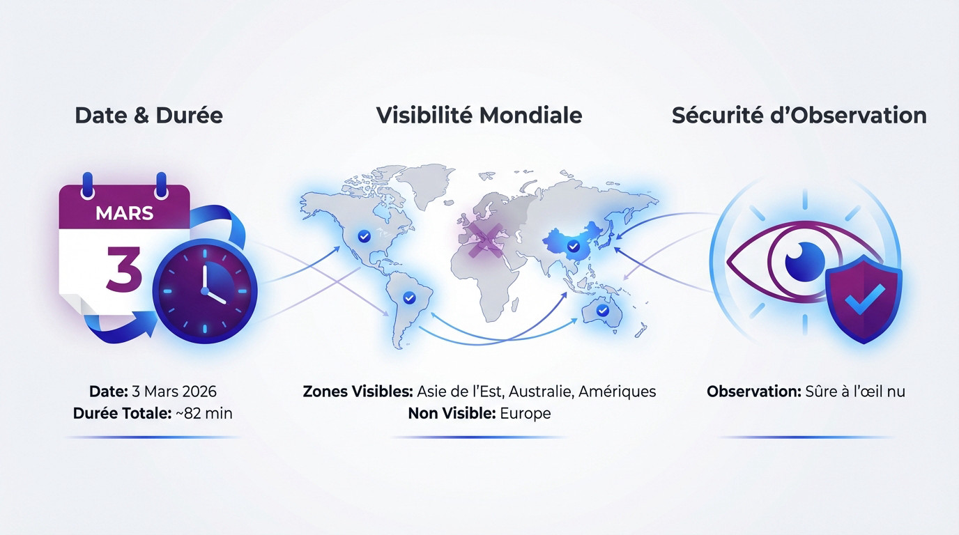 Carte de visibilité mondiale de l'éclipse lunaire totale du 3 mars 2026