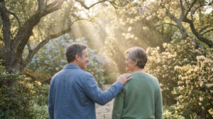 A man with hand on a woman's shoulder, gazing warmly in a peaceful, golden-lit garden, representing trust and reconciliation.