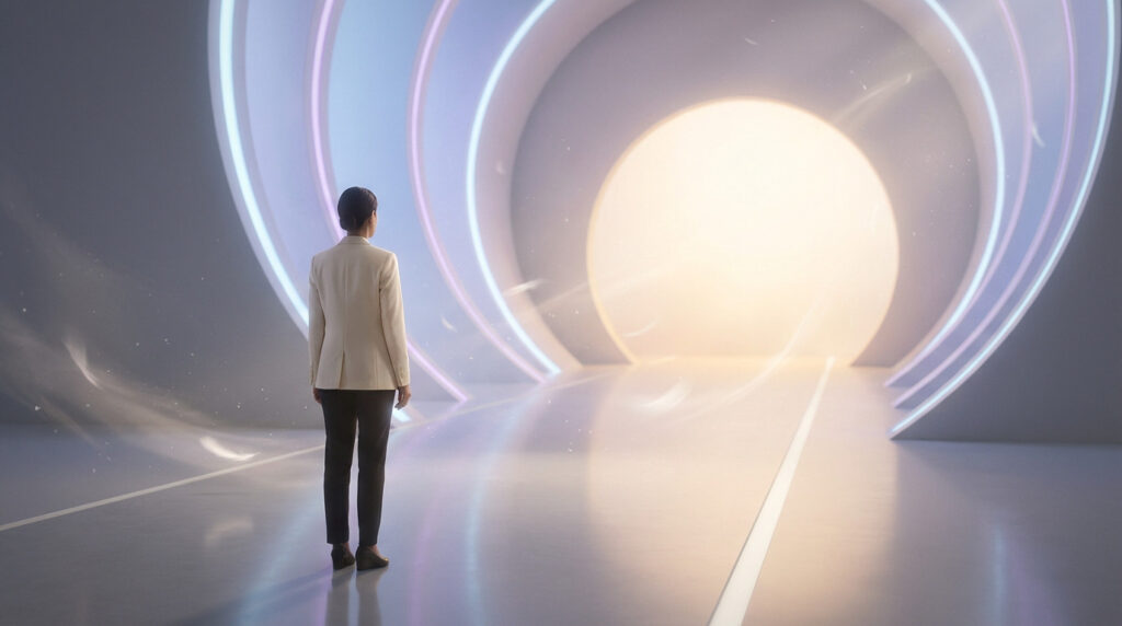 Gender-neutral figure in a blazer stands before a luminous, futuristic tunnel with glowing rings, representing a path to success.