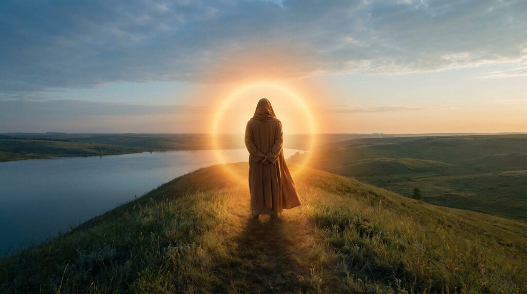 A robed figure stands on a hill with a golden halo, overlooking a serene lake at dawn, embodying peace and divine guidance.
