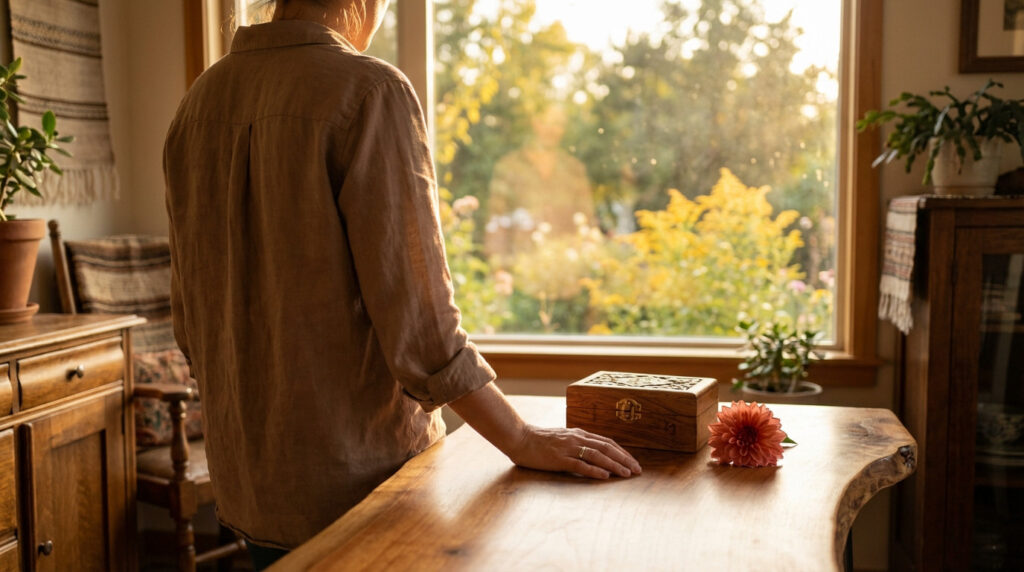 Anonymous person contemplating by a window, hand on a wooden table with a carved box and dahlia, bathed in golden light.