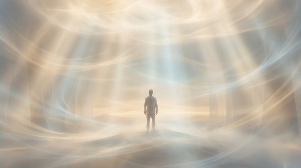 A lone figure stands centered in an ethereal, luminous environment bathed in soft, golden-white light, evoking hope and inner strength.