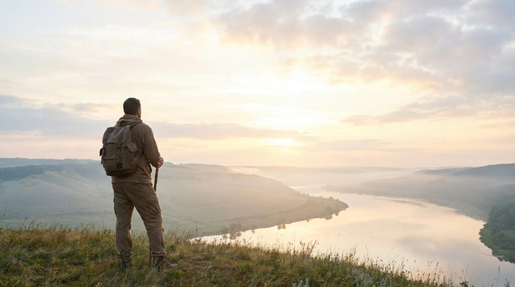 A man with a backpack stands on a grassy hill, gazing at a misty river valley bathed in warm golden sunrise light, conveying peace.