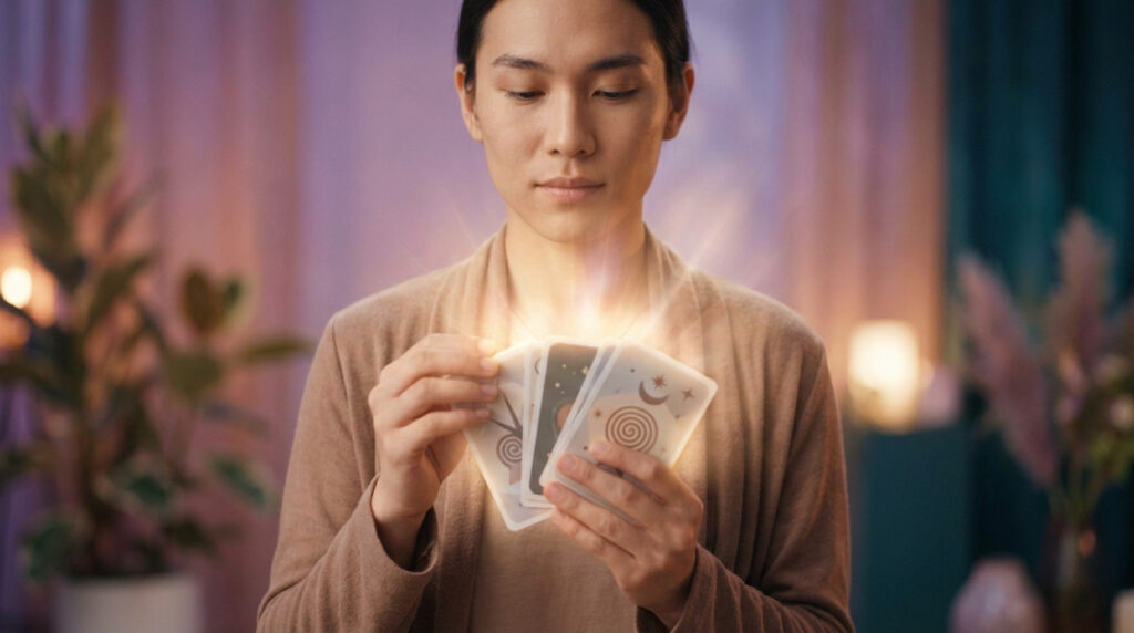 Gender-neutral person holding glowing oracle cards, face illuminated by ethereal light. Soft, blurred background in lavender and teal.