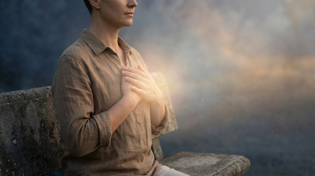 A person with hands clasped at their chest, radiating golden-white light, symbolizing peace and love against a soft, abstract background.