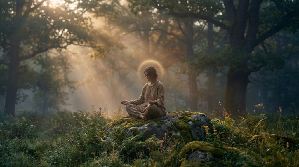 A serene, gender-neutral figure meditates on a mossy rock in a misty forest at dawn, bathed in golden light with a subtle halo.