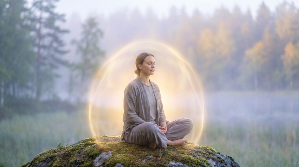 Serene woman meditating on a mossy rock, enveloped in a glowing golden light, against a blurred misty forest backdrop.